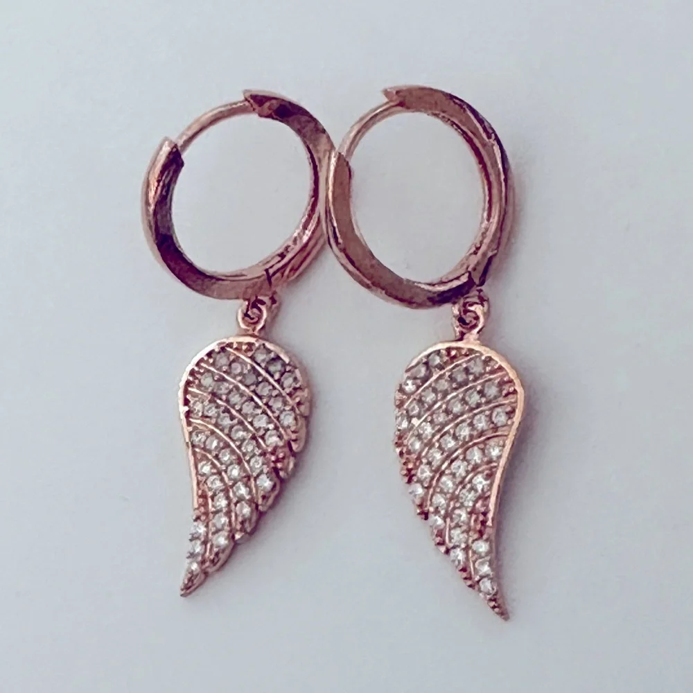 925 Silver angel wing cz dangle hoop earrings 14k rose gold plated